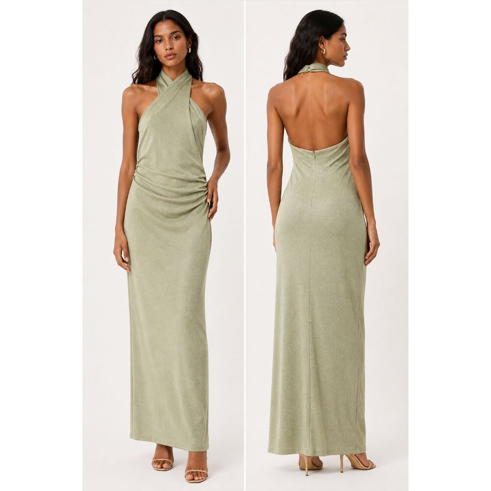 ZARA Metallic Glitter Halter Maxi Dress Gold Metallic Open Back XS NWT